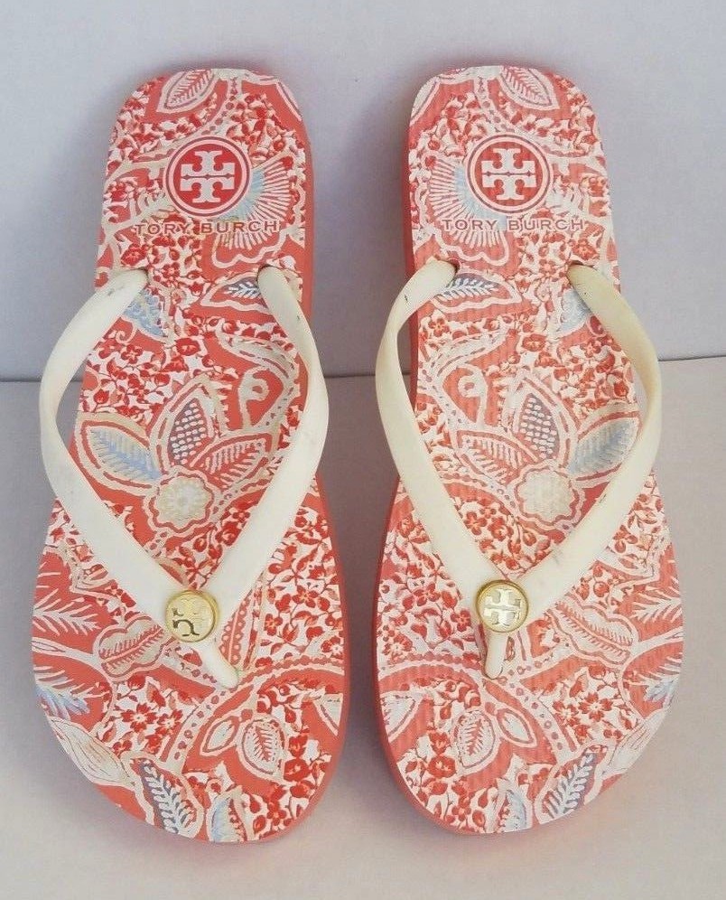 Tory Burch Poppy Orange Red Flip Flop Sandals Floral Sole White
