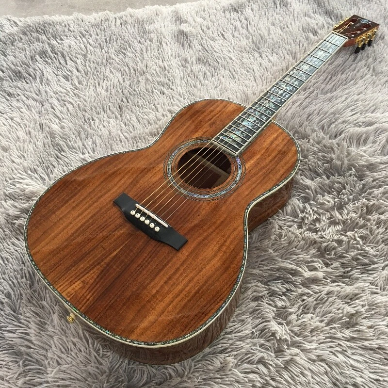 00045 Guitarra Acústica Koa Completo Ébano Diapasón Guitarra Abulón Incrustación Clásica Foto 4 de 4