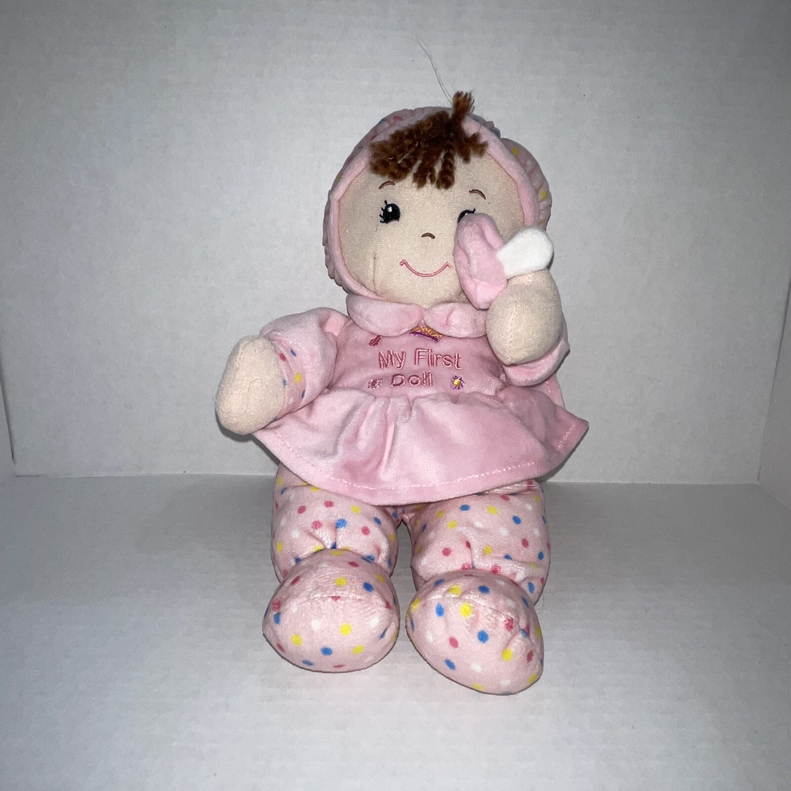 My First Doll Hugfun International  Brown Hair Pink Polka Dot Outfit Plush Baby