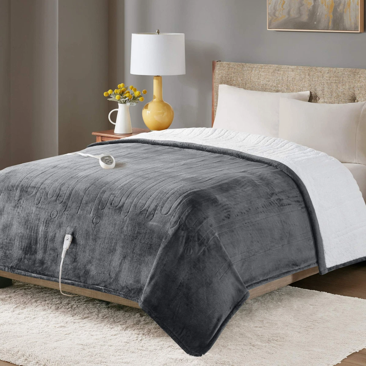 Degrees of Comfort Sherpa Plush Heated Blanket, Full Size, 80u0026#034; X  84u0026#034; Grey | eBay