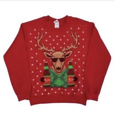 Red Ugly Christmas Sweatshirt Cool Reindeer Beer Bottles Sunglasses Men Size 2XL