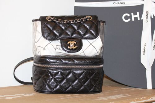 CHANEL Aquarium PVC Wrinkly Calfskin Transparent Black Quilted Backpack *RARE*!!