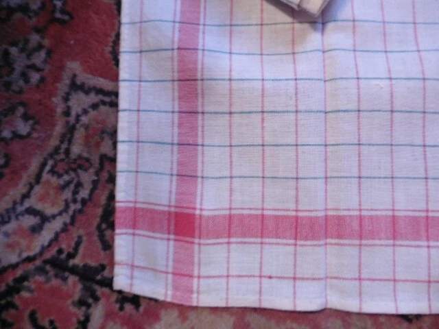 LINGE ANCIEN/ 3 TORCHONS METIS A CARREAUX ECRU ROUGE VERT 62X50 CM OURLETS MAIN - Photo 2/4