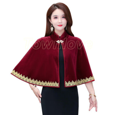 Lady Velvet Capelet Lace Trim Shrug Bolero Cloak Evening Formal
