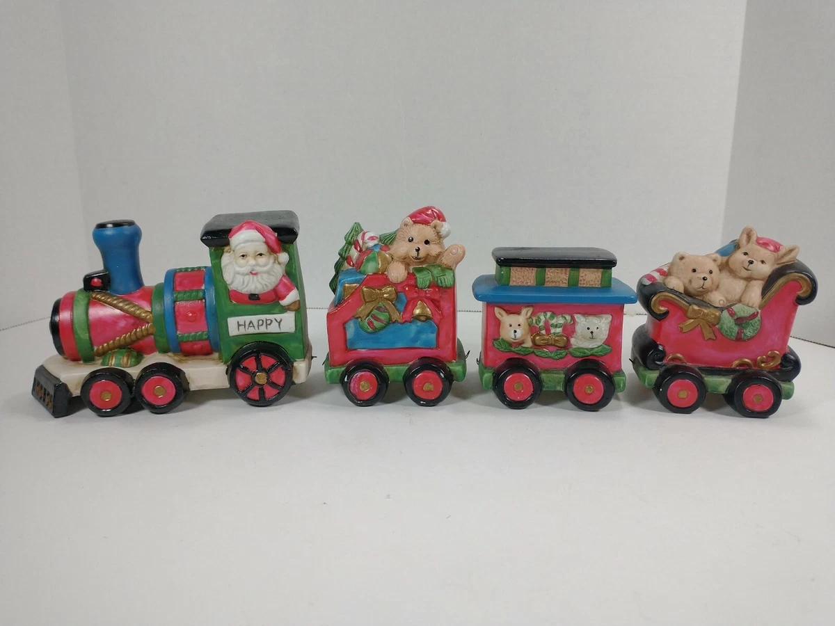 4 pc Vintage 90 s Ceramic Christmas Train Set Santa Bear w toys