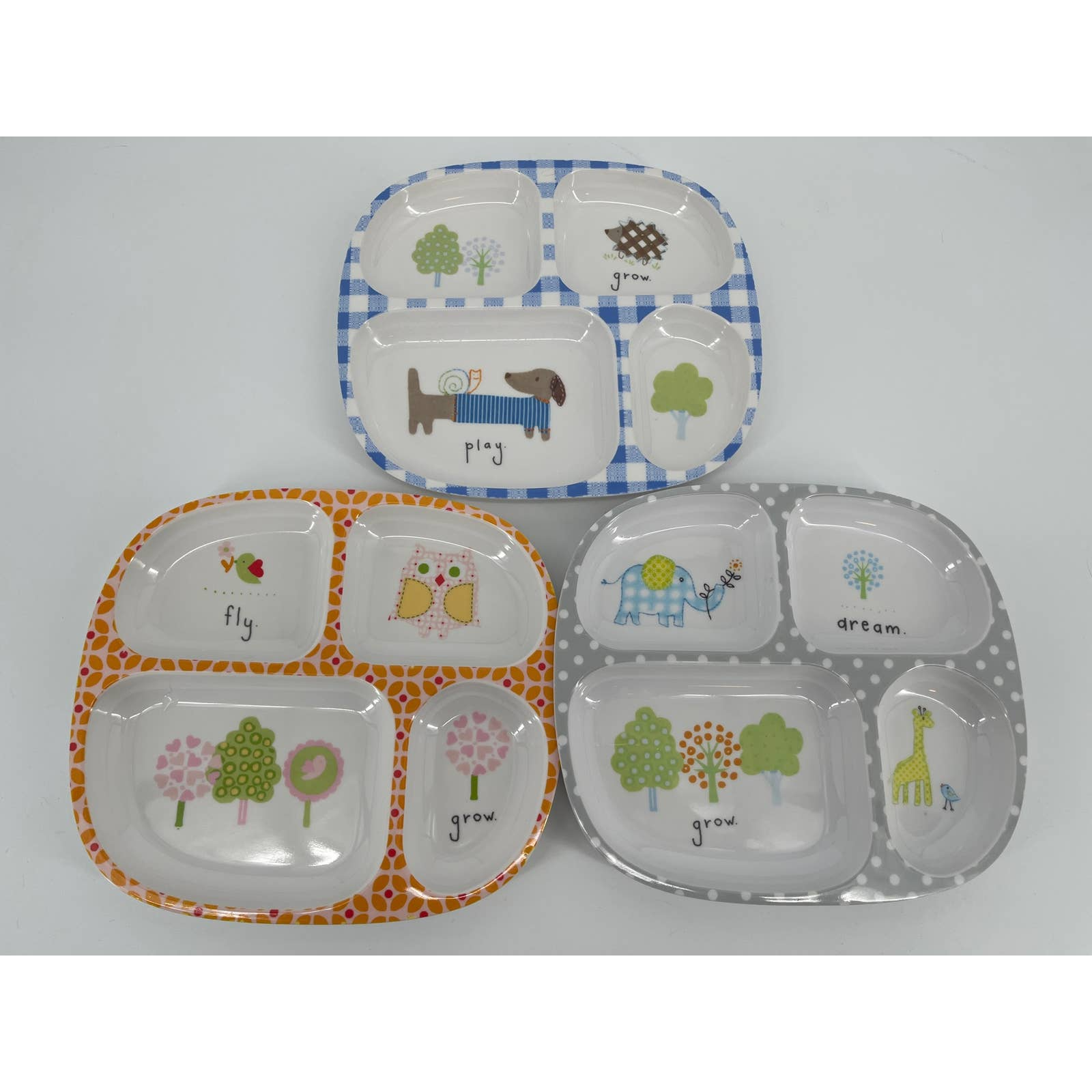 Pottery Barn Kids Divided Melamine Plates Set of 3 Play Grow Dream Fly