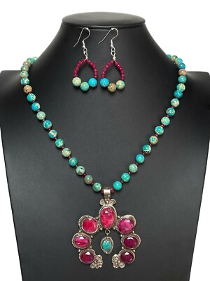 Gorgeous turquoise and ruby necklace with matching earrings!
