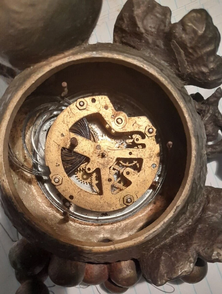 Antique Painted Spelter Small Table Clock w Fruit Design For PARTS / REPAIR - Image 4 of 4