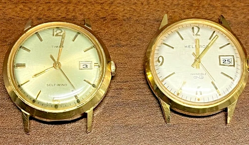 Men’s vintage wristwatch faces Helsbro invincible and Timex self wind