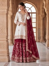 Designer Maroon Chinnon Silk Kurta Palazzo With Dupatta For Wedding Wear
