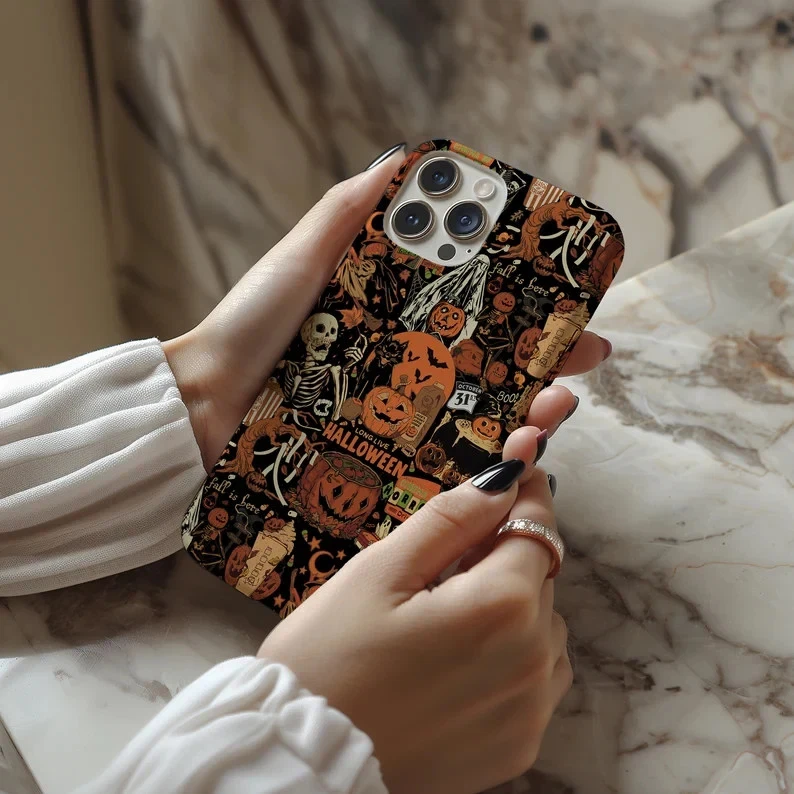 Vintage Halloween Collage iPhone Case with Pumpkin and Skeleton