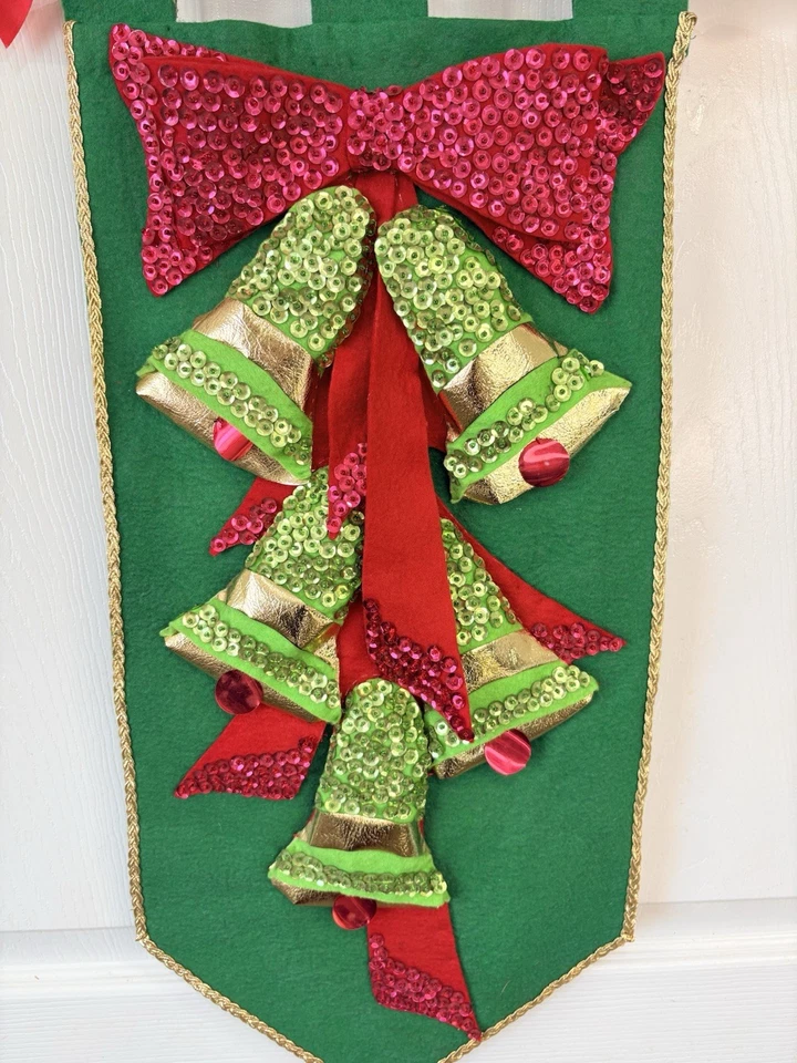 "Campanas de Navidad Bucilla hechas a mano años 60 70 lentejuelas fieltro pared colgante pancarta 25""" Foto 2 de 4