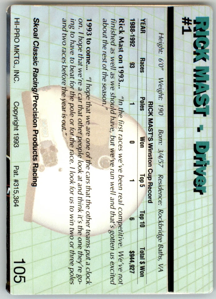 Rick Mast - 1993 Action Packed - #105 - Racing - Image 2 of 2