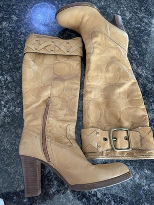 Coach  Meadow Camel Brown Leather Tall Buckle Strap Biker Moto Boots Italy 7 B