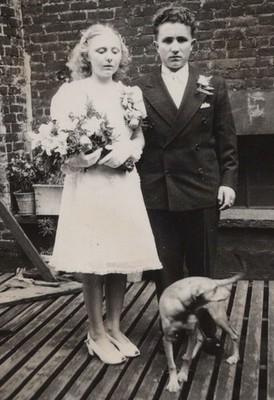 1940s Couple Young Bride Groom Wedding Portrait Pet Dog Backyard Man Woman 