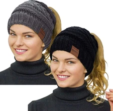Rosoz 2 Pack Women’s Ponytail Beanie Cable Knit Warm Messy Bun Hat