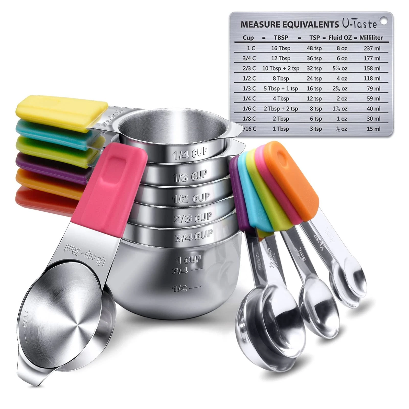 Measuring Cups and Spoons Set of 13 in 18/8 Stainless Steel - Magnetic for Easy