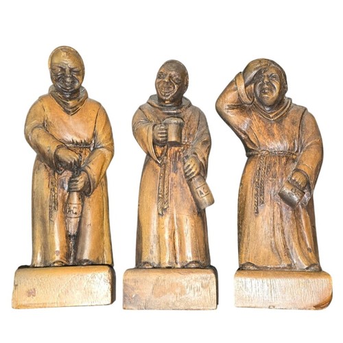 Vintage Hand Carved Wood Monk Friar Figurine Set of 3 – 7” "A.G." Beer Barware