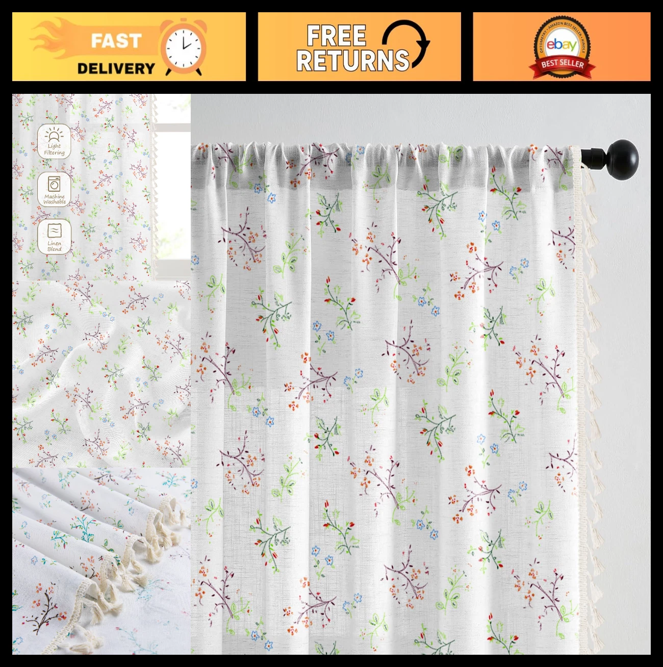 Floral Farmhouse Curtains 84" Linen Drapes for Living Room & Bedroom, 2 Panels w