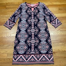 Sandra Darren Shift Dress Womens M Navy Pink Damask Lattice Neck Mod Boho Chic
