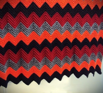 Vintage MCM Style Crochet Afghan Blanket Zig Zag Chevron Granny Boho