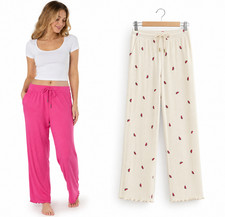 Ladies Ex M S Pyjama Lounge Bottoms Ribbed Pink Cream Cotton Rich Pjs NEW