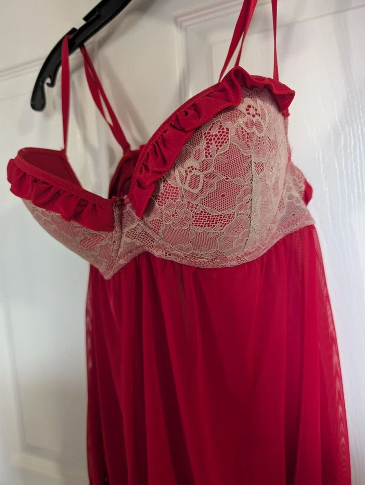 Babydoll Jezebel Felina Red Mesh & Gold Lace Flyaway Negligee con Sujetador con Aros L Foto 3 de 4