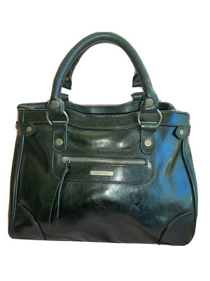 Victoria Secret Vegan Leather Satchel Purse Bag Black Silver