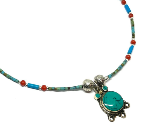 Turquoise, Coral Gemstone Tibetan 925 Sterling Silver Necklace Jewelry 18" adjus - Picture 6 of 6
