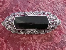 Sterling Silver Black Onyx & Marcasite Art Deco Bar Brooch Marked Illegibly ?925