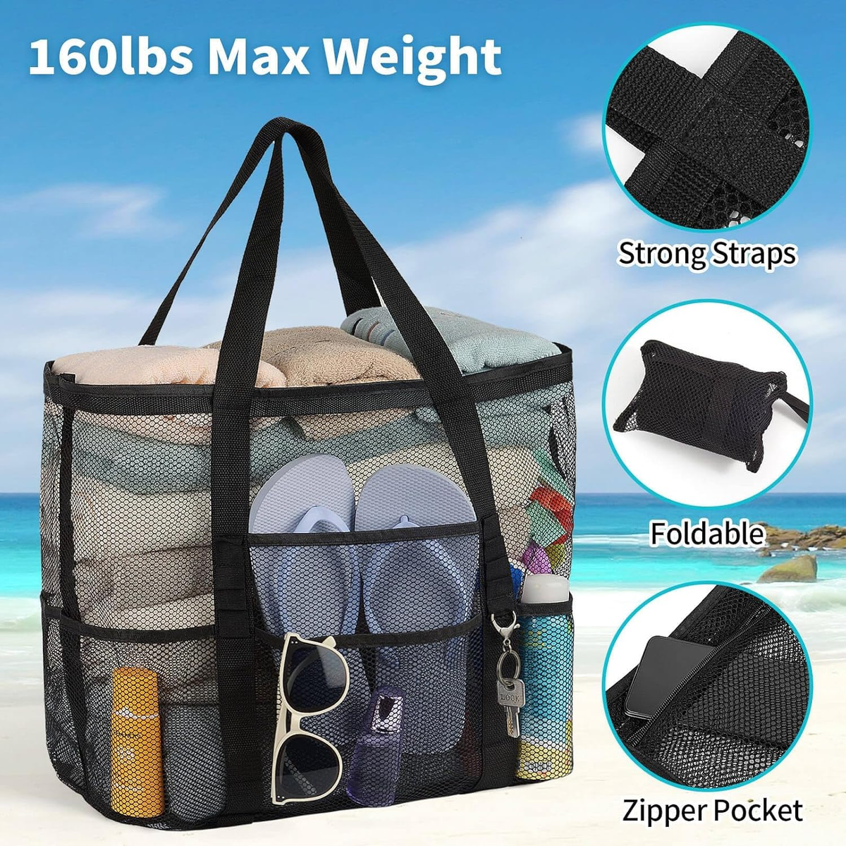 AURUZA Mesh Beach Bag - Waterproof & Sandproof Tote With Zipper For Pool, Vacation Essentials - View #5