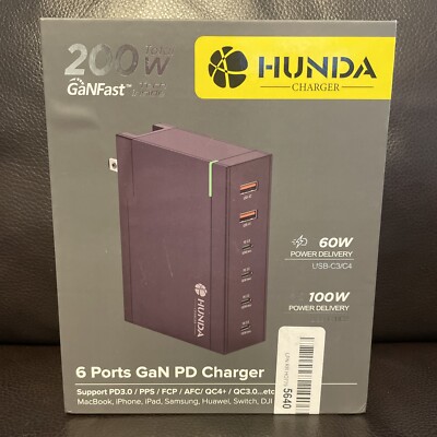 HUNDA 200W Fast Charging Station : 6 Ports Multi USB-C/USB-A Charger | PD 100W