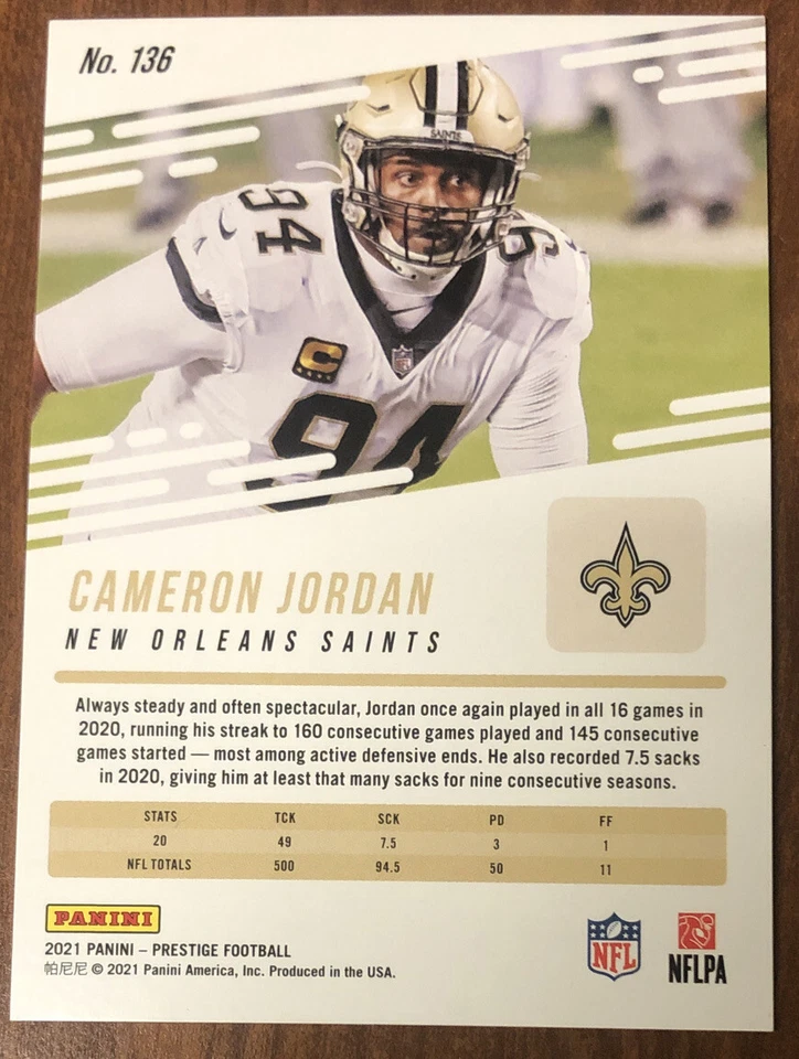 CAMERON JORDAN /99 2021 Prestige Base GOLD Premium #136 New Orleans Saints📈 - Image 2 of 3