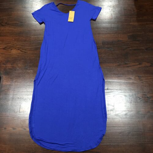 Grecerelle Women's Blue Loose Casual Pockets Short Sleeve Split Maxi Dress Sz S - Foto 1 di 11