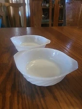 Set of 2 VTG Fire-King White Swirl Individual Casserole Tab Handle EUC
