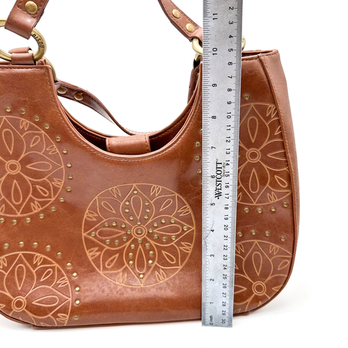Bisou Bisou Brown Faux Leather Handbag Purse Circle Embossed NWT 12" x 10" x 4" - Picture 9 of 11