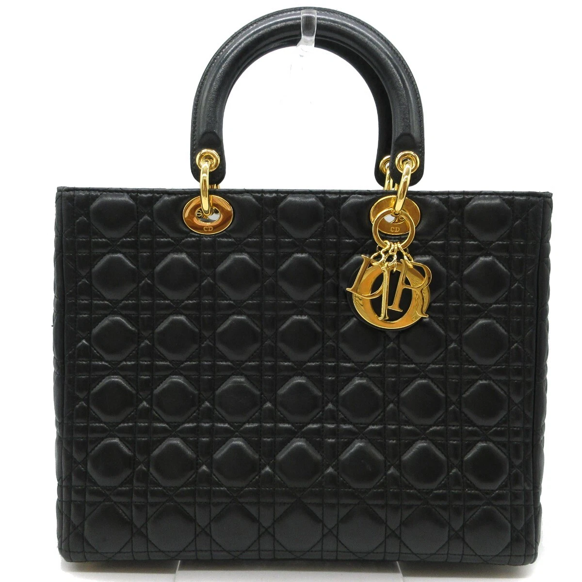Sac fourre tout à main CHRISTIAN DIOR Lady Cannage cuir noir or Italie M780
