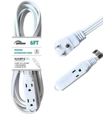 HONDERONS 6FT 3 Outlets White Extension Cord with Flat Plug 14/3 SPT-3 Extens...