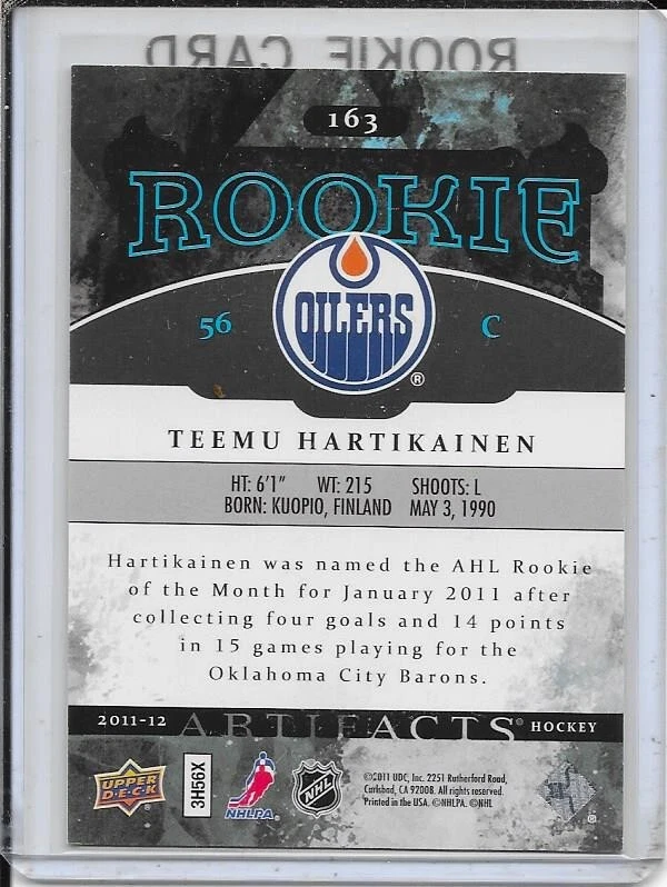 2011-12 Upper Deck Artifacts Teemu Hartikainen Rookie # 163 #d/999 - Image 2 of 2