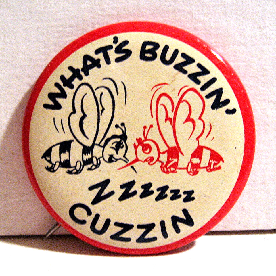 Genuine 1940s–50s old-stock novelty pinback button with a slang phrase nobody under 70 has ever heard — tiny, affordable, and authentically weird.