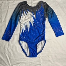 Ozone Blue Grey Ombr  3/4 Sleeve Rhinestone Competition Gymnastics Leotard AXS