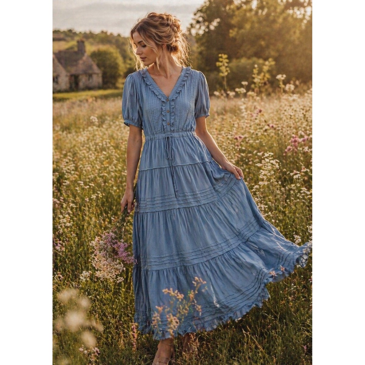 JessaKae Blue Romantic Ruffle Tiered Maxi Dress Cottagecore Puff Sleeve XL  | eBay