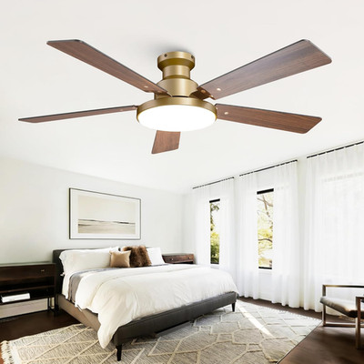 Modern 52'' Gold Ceiling Fan with Lights & Remote, Quiet DC Motor, Flush Mount