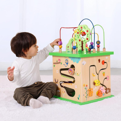 5 in 1 Activity Center, Wooden Large Activity Play Cube 23''X13''X13'', Wooden Lear
