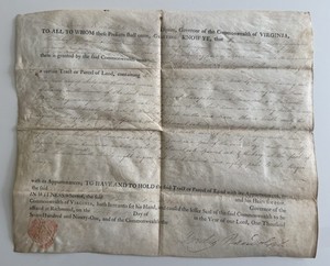 1791 Virginia Land Grant Signed By Governor Randolph 