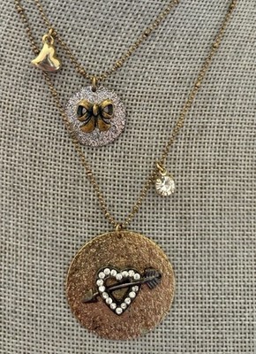 Betsey Johnson Vintage Arrow Heart Bow Hammered Discs Medallion Style Necklace