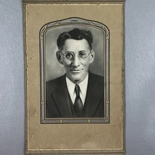 Antique Portrait Photo Man In Suit Wire Rimmed Glasses Matte Black & White