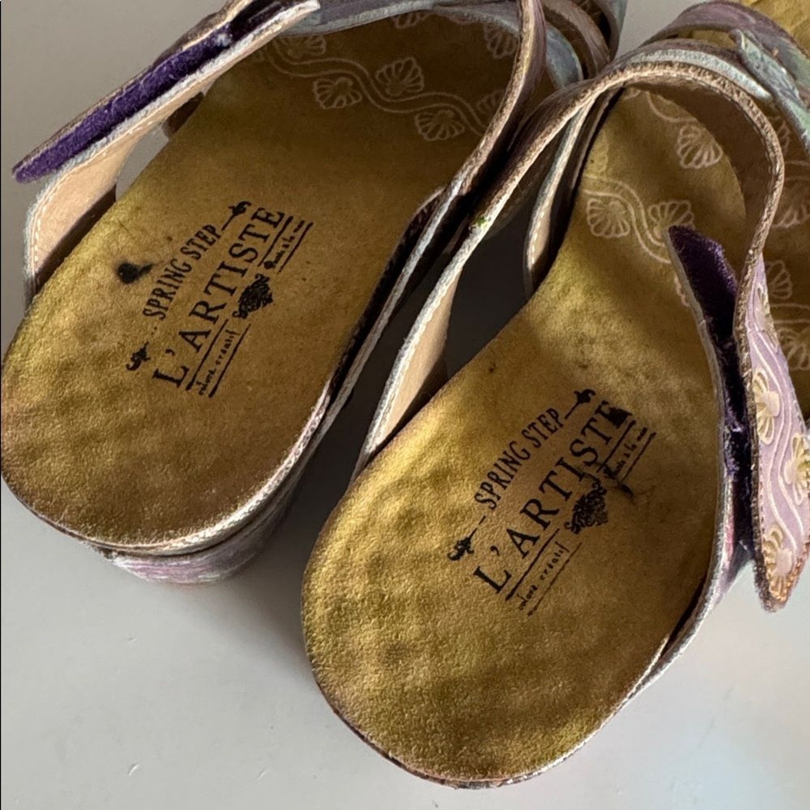 Spring Step L’Artiste Pinriyo Floral Purple Pastel Wedge Slide Sandal size 38 EU