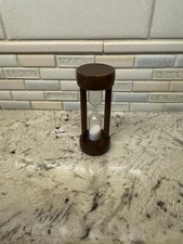 Vintage Wooden Egg Timer 3 Minute White Sand Filled Hour Glass 3 1/2” x 4”