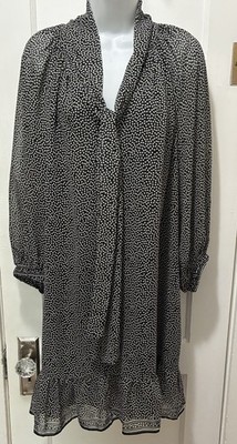 MAX STUDIO Pussy Bow Polka Dot Babydoll Swing Black Bohemian Shift Lined Dress M